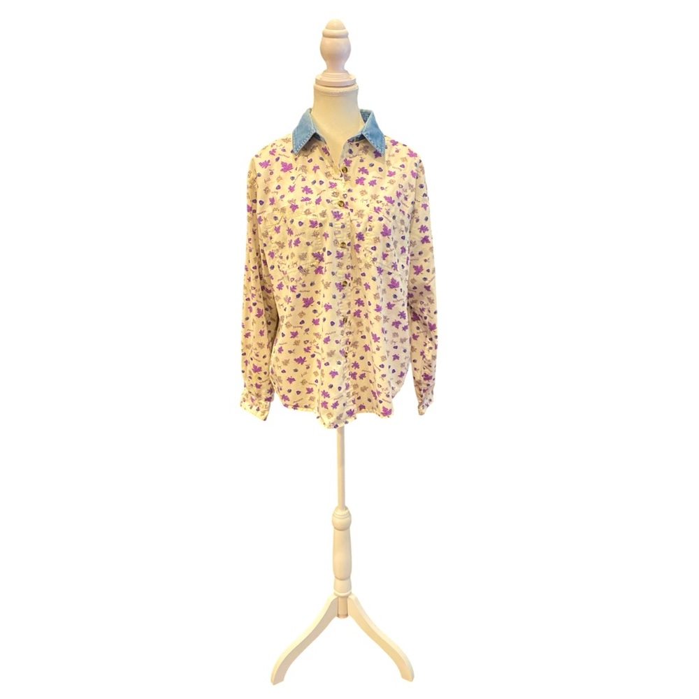 Rustic‎ Cottagecore Autumn Leaf Print Button Down L Denim Collar